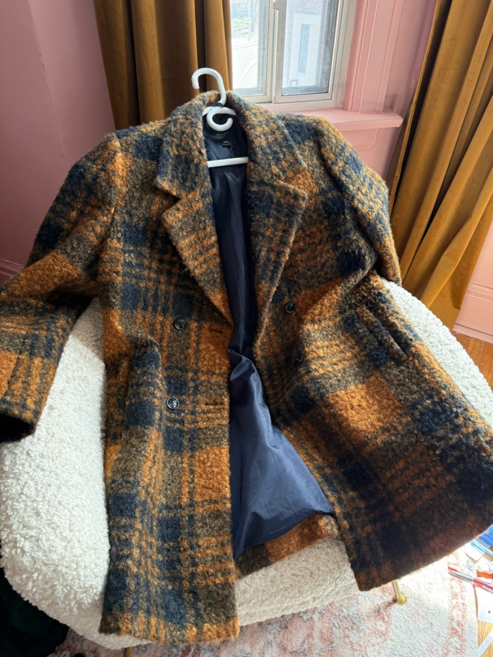 Plaid Double-Breasted Pea Coat in Burnt Caramel and Navy - Picture 4 of 13